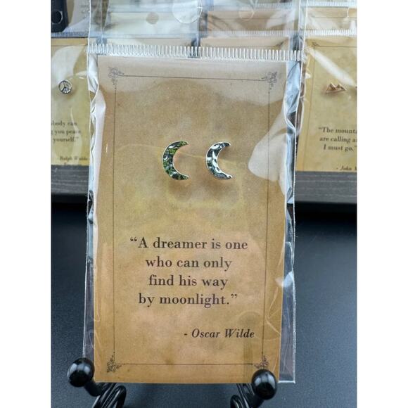 Bookish Quote Earrings - Silver Crescent Moon Oscar Wilde - Picture 1 of 3